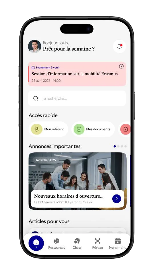 L'écran d'accueil de l'application apprenti CFAConnect