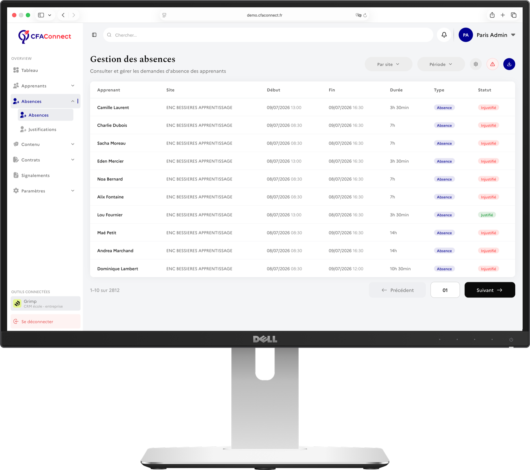 Gestion des absences, tableau de bord du poste de pilotage